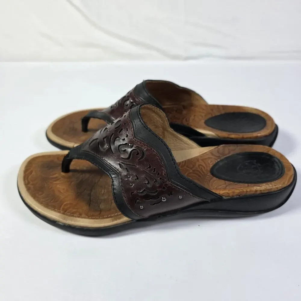 Ariat Womens Sandals Thong Flip Flop Size 9B Brown Leather Embossed Slip On